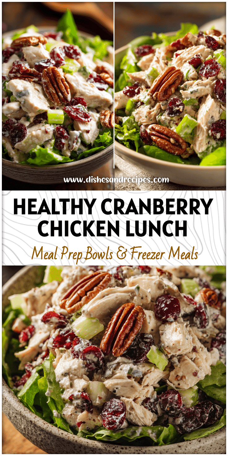 A vibrant bowl of Healthy Cranberry Chicken Salad with pecans and cranberries on fresh greens